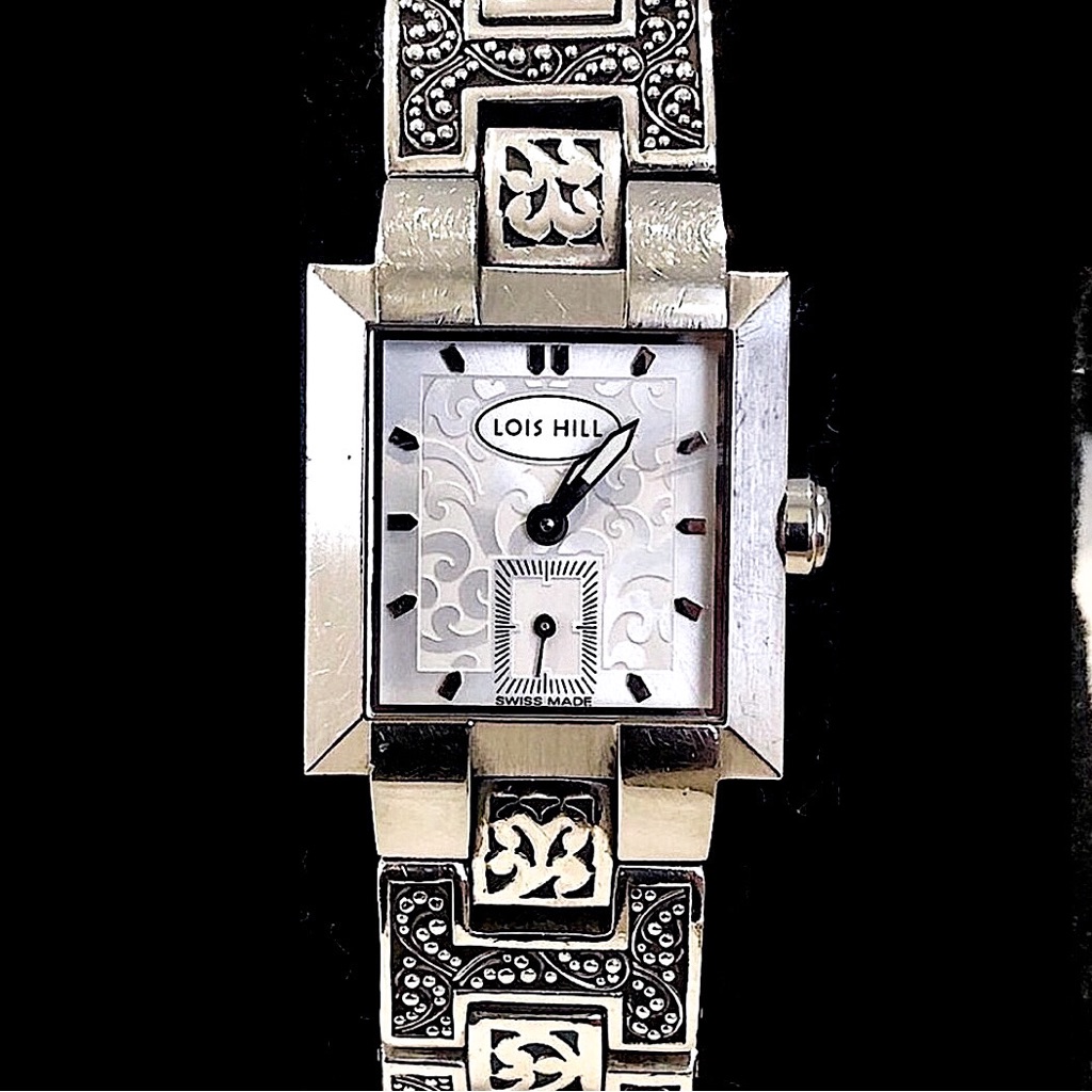 Lois Hill Watch Square Face Alternating Links Sterling Silver Bracelet Band
